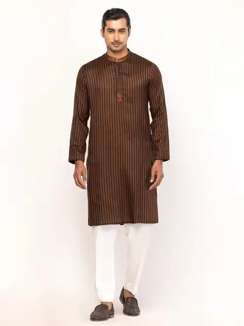 Brown/Black Striped and Erri Embroidered Cotton Slim Fit Panjabi Pajama Set